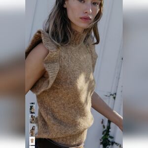 Zara Camel Ruffle Sleeve Knit Sweater